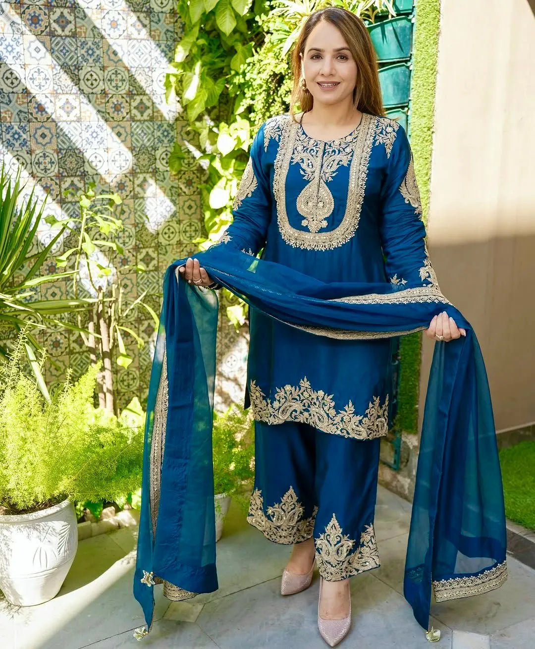 Designer Party Wear Suit | Heavy Chinon Silk with Embroidery & Sequins (Blue)
